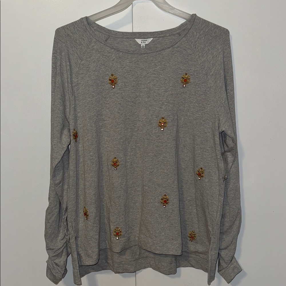 Crown & Ivy Gateway To Bali Long Sleeve Top Shirt Gray Women’s XL Embroidered